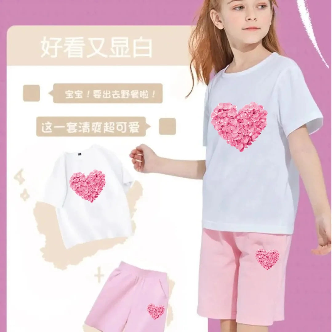Girls Happy Cat Printed 2PC Outfit Set Summer Fashion Short Sleeve T-Shirt And Shorts Combo Cute Kids Clothing