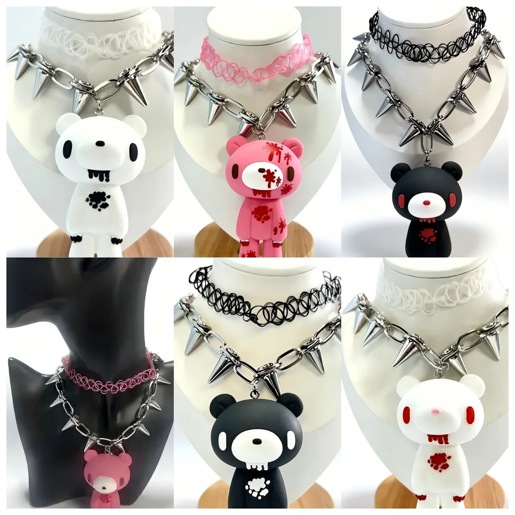 Gloomy Bear Spike Choker Necklace, Y2K Gothic Punk Rivet Chain with Cute Bear Pendant, Harajuku Alternative Jewelry for Women