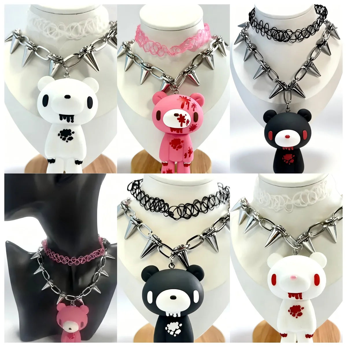 Gloomy Bear Spike Choker Necklace, Y2K Gothic Punk Rivet Chain with Cute Bear Pendant, Harajuku Alternative Jewelry for Women