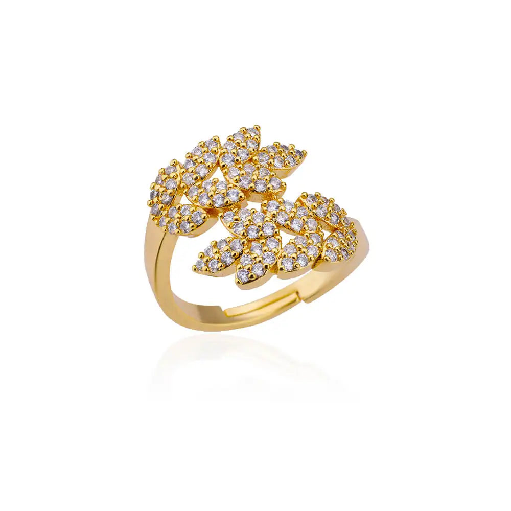 Luxury Zircon Double Layer Leaf Rings For Women Gold Color Stainless Steel Ring Boho Couple Jewelry Accesorios anillos mujer