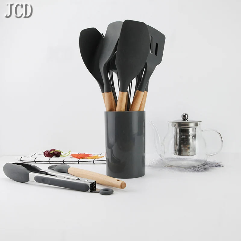 High Temperature Resistant Silicone Kitchenware Set Wooden Handle Shovel Leaky Spoon Tool Cooking Utensil Baking Accessories