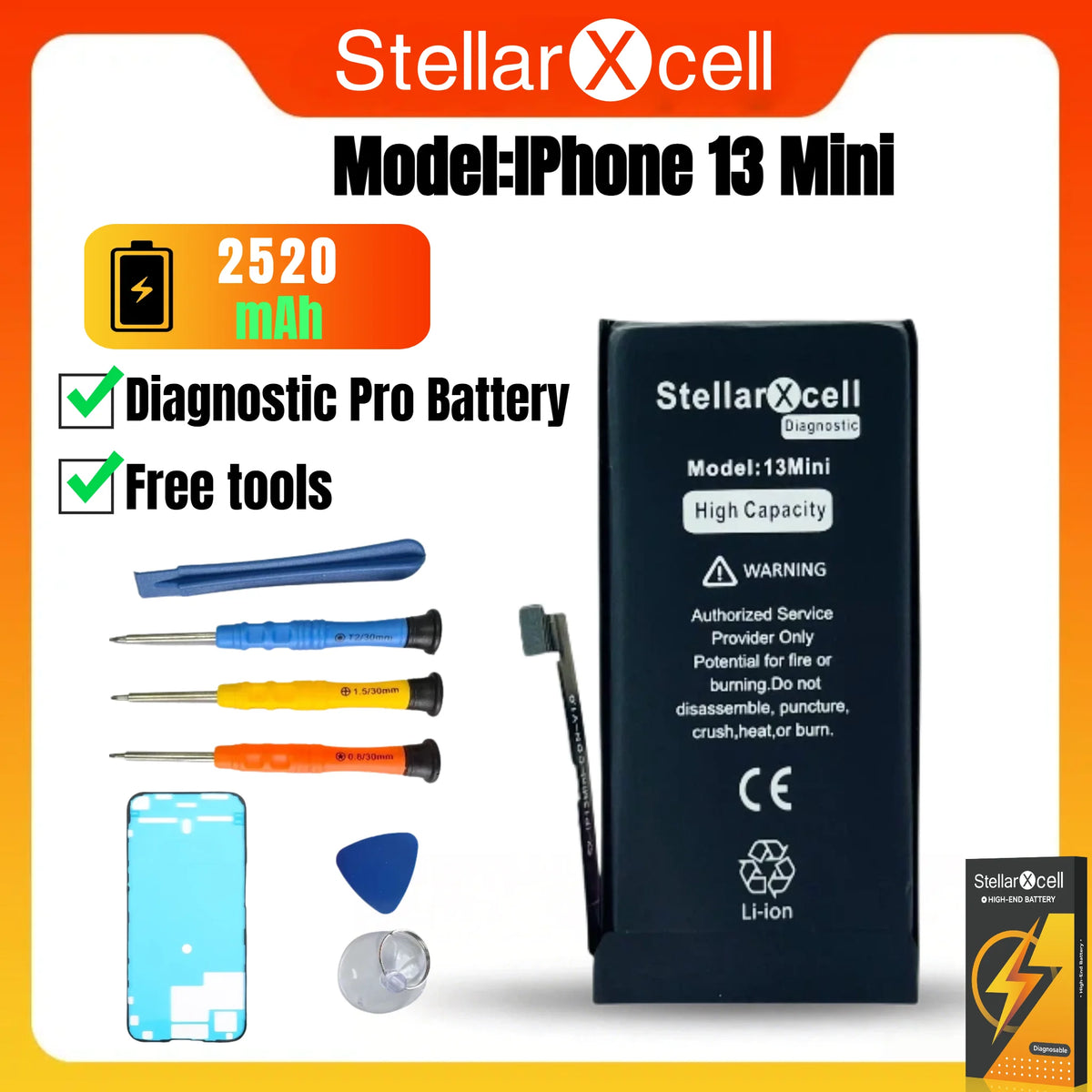 StellarXcell Diagnostic Battery Show Genuine Part No Pop Up Message for iPhone 12mini 13Pro 14Plus 15Promax Battery Replacement