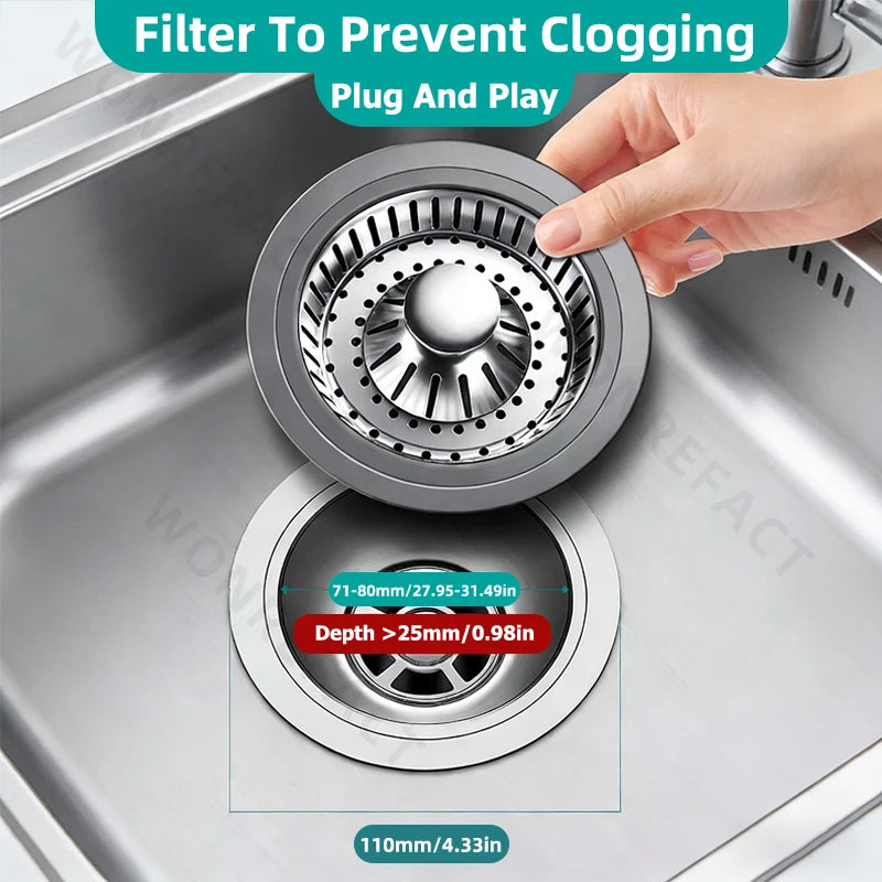 Anti Clogging Kitchen Sink Drain Strainer 304 Stainless Steel Bounce Stopper Reliable Sealing Water Plug for Old Fashioned Sinks