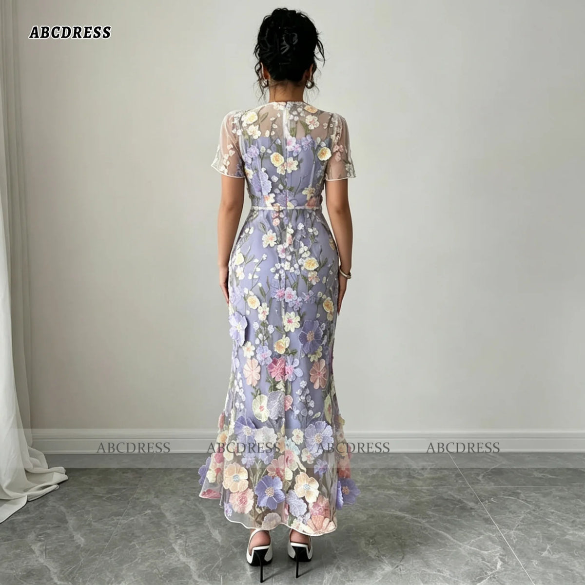 ABC Customized Floral High Neck Fitted Evening Dress Short Sleeve Elegant Robes De Soirée Midi Formal Evening Gown Front Slit