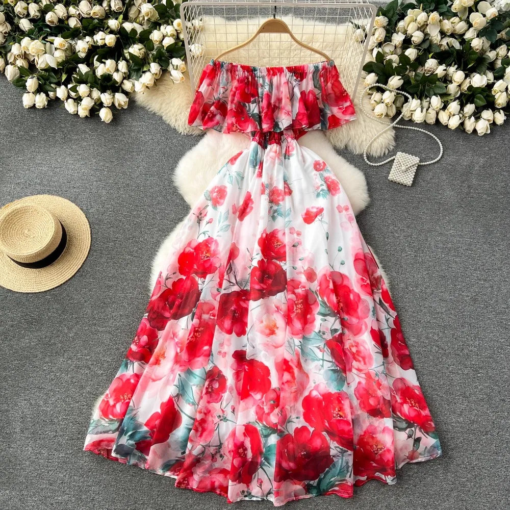 Chic Sexy Off Shoulder Print Ruffle Slash Neck Dress Fairy Print Casual A-line Dress Summer Elegant Beach Vacation Women Dresses