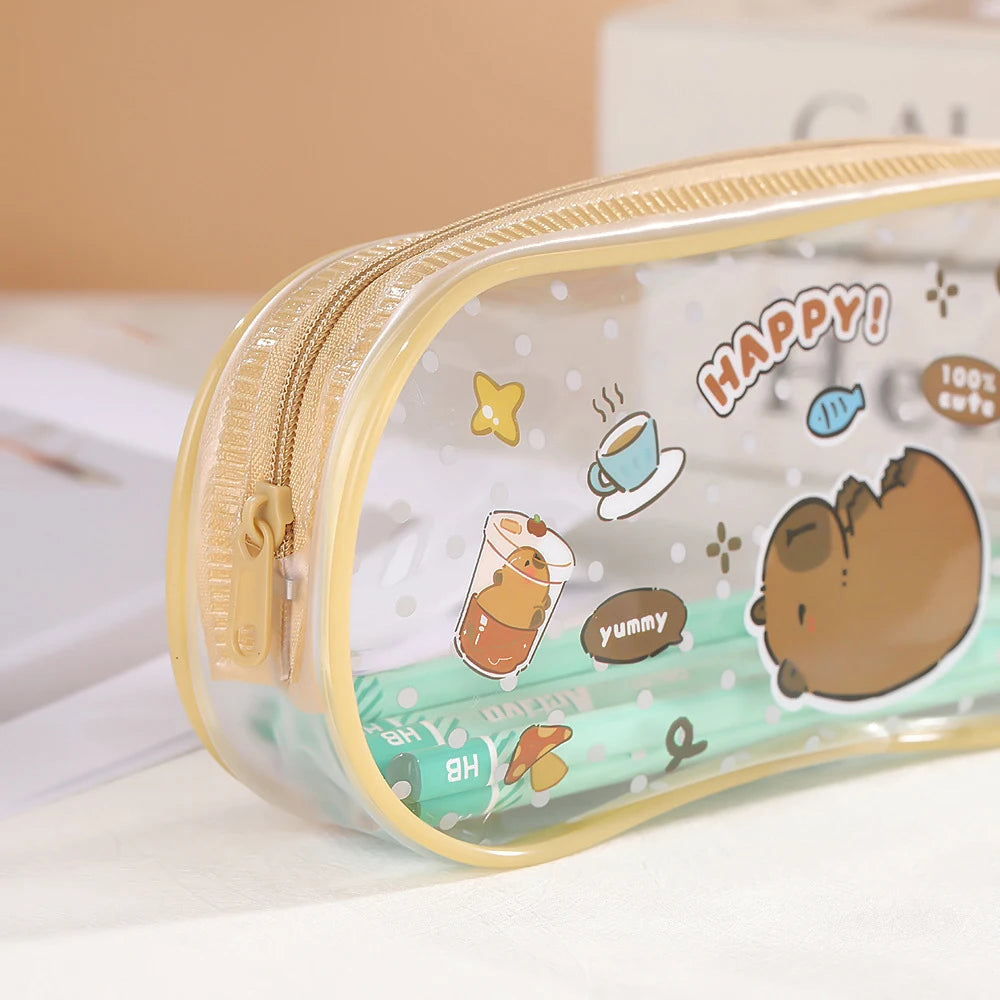 Cartoon Capybara Pencil Case Transparent Waterproof Zipper Pen Pouch Large Capacity Stationary Organizer Bag School Supplies