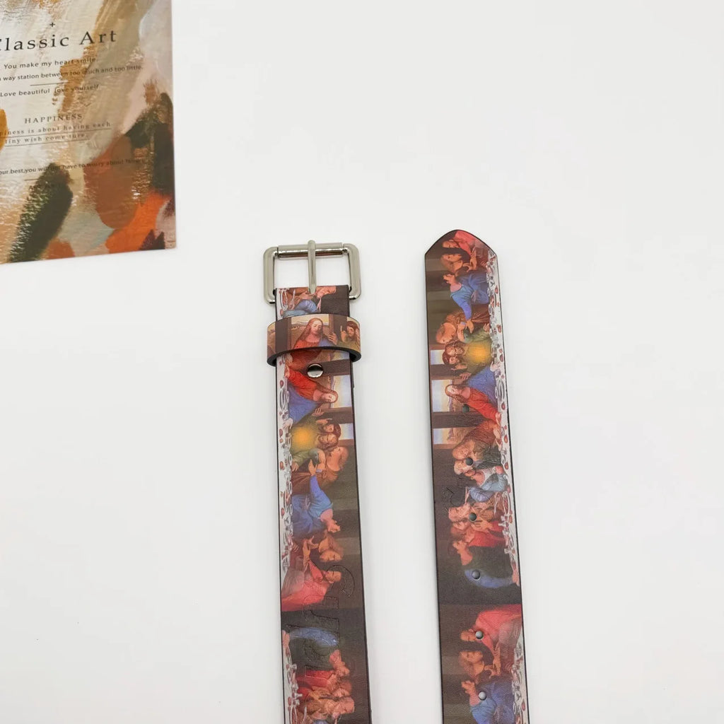 2026 Gothic Y2K Trendy PU Leather Belt with The Last Supper Painting Vintage Unisex Fashion Accessory Waist Belt Jeans Waistband