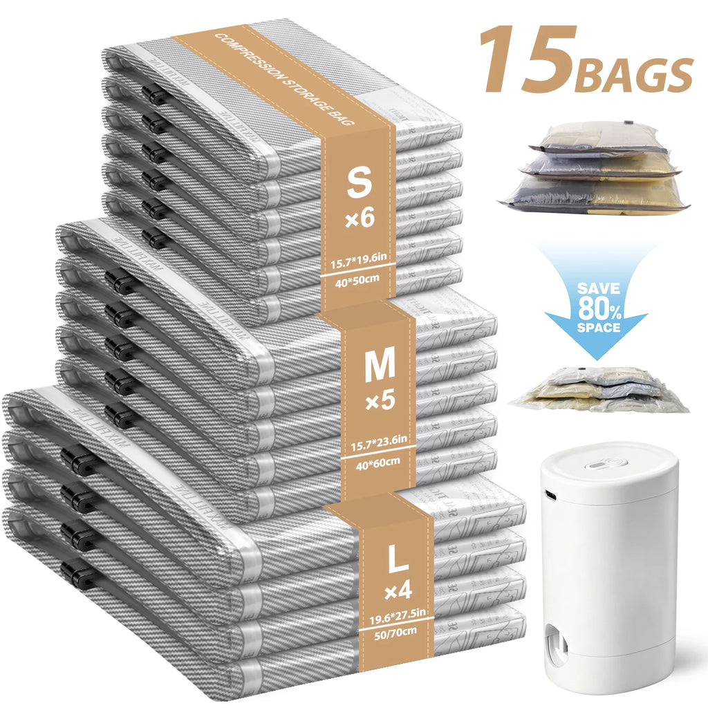 15 Pack Vacuum Bags for Travel with Rechargeable Air Pump, Vacuum Storage Bags Space Saver, Carry-on Size Vacuum Compression Bags for Clothes, Bedding