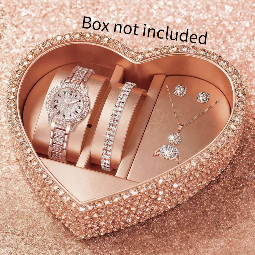 6PCS Fashion Roma Dial Women Quartz Watch Diamond Jewelry Set Elegant Rhinestone Ladies Wristwatches Girls Gift (Without Box)
