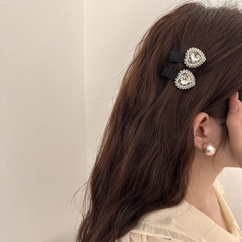Korean Love Rhinestone Fabric Art Duck Mouth Clip Sweet and Versatile Side bangs Clip Hair Accessories Women's Pink Hair Clip