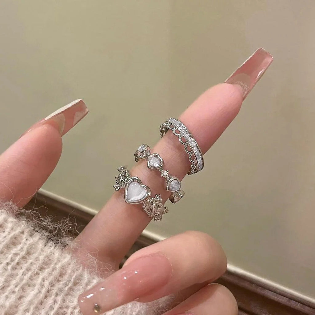 3 Pcs Set Love Heart Rings For Women Girls Light Luxury Sweet Rhinestone Opening Finger Ring Fashion Wedding Party Jewelry Gifts