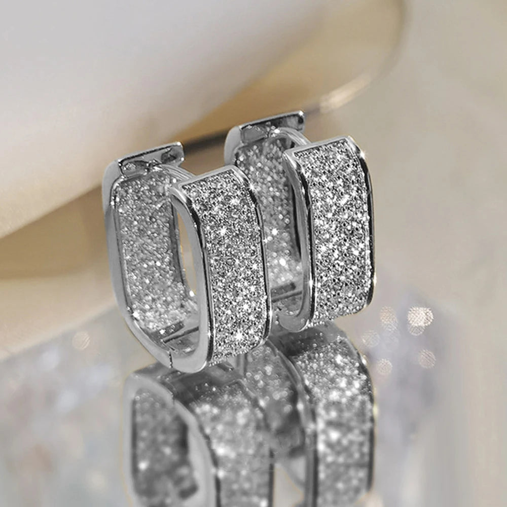 Huitan Korean Fashion Paved CZ Hoop Earrings for Women Metal Silver Color/Gold Color Simple Versatile Earrings Hot Jewelry