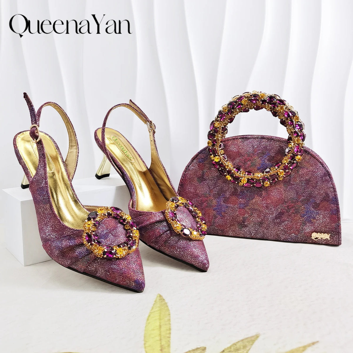 Shimmery Glitter Slingback Women High Heels Sky Blue Shoes and Matching Bag Set Rhinestone Wedding Party Banquet Events