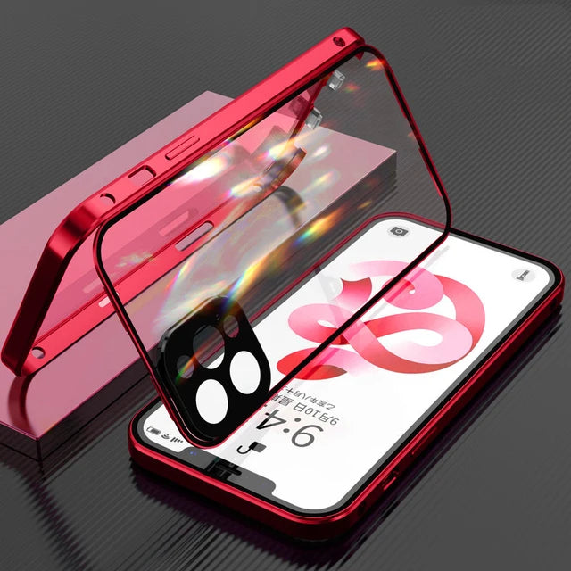 360° Metal Magnetic Double Sided Glass Cover With Lens Protection For IPhone16 14 15 Pro Max For IPhone13 12 11 Double Lock Case