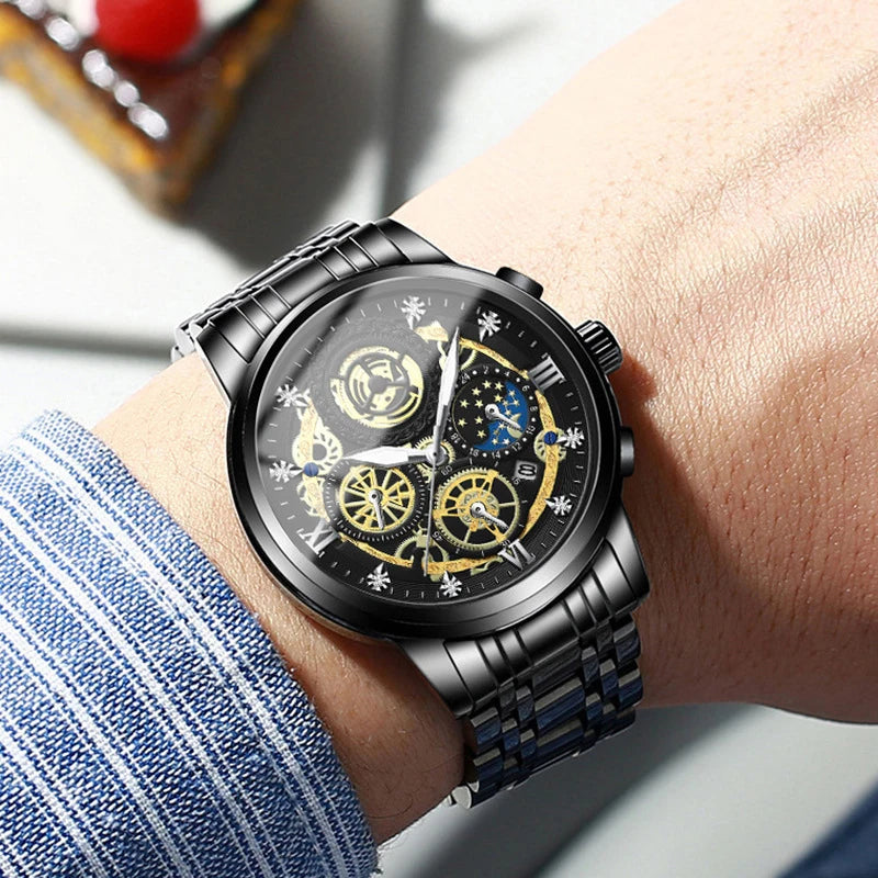 BINBOND Vintage Quartz Watches for Men Luxury Luminous Sturdy Stainless Steel Reloj Waterproof Auto Date Accurate Men's Watch