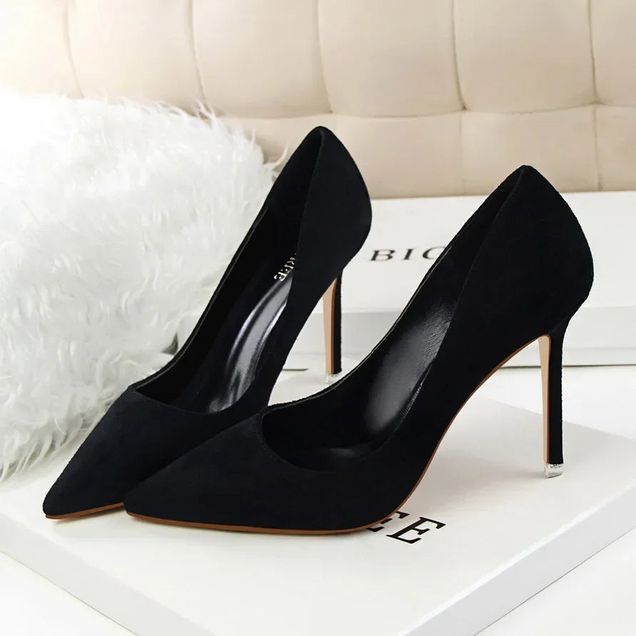 Women Elegant Flock Orange Purple Evening Banquet Party Pumps Lady Classic Scarpin New Burgundy 9cm High Heels Shoes Plus Size