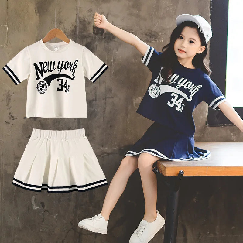Summer Girls Clothes Suit Short-Sleeved+A-Line Skirt 2Pcs Set College Style Jk Uniform Children Clothing Baby Tracksuits