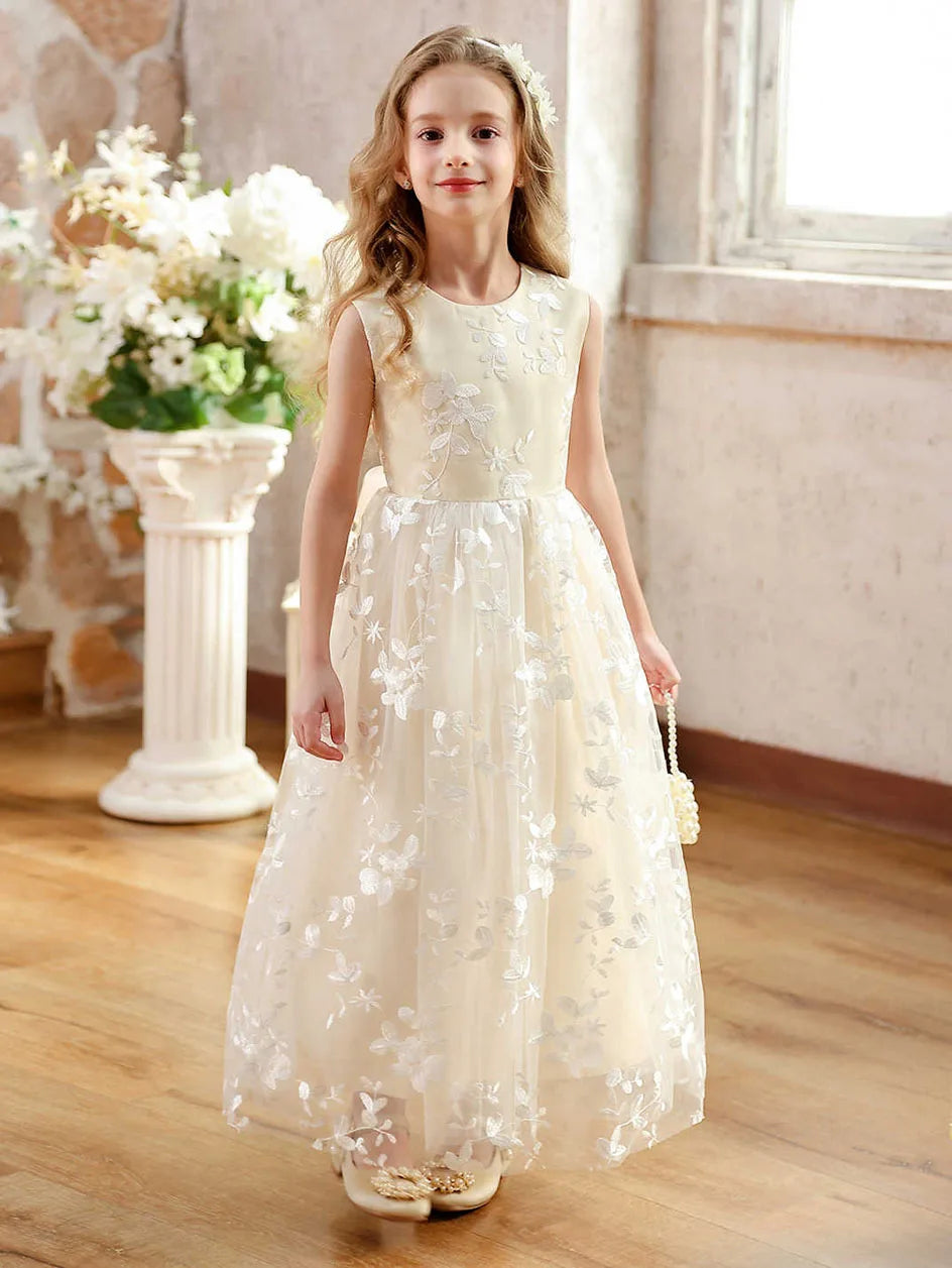 Girls Flower Girl Embroidery Flower Straight Dress Lace Daily Casual Elegant Princess Sleeveless Dresses