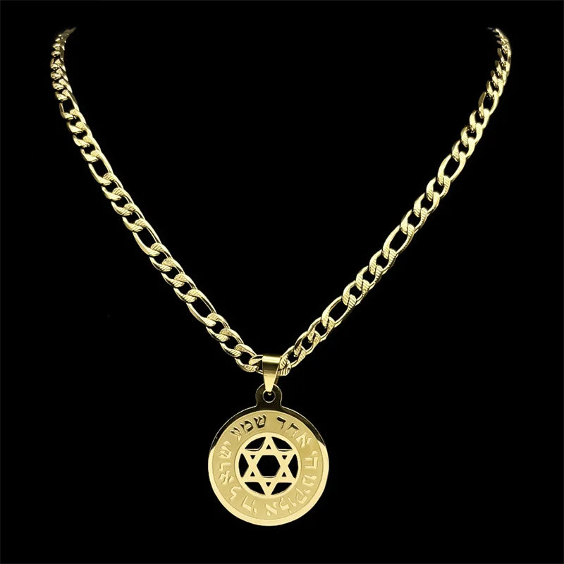 Hebrew Star of David Pendant Necklace for Women Men Stainless Steel Gold Color Jewish Bless Hip Hop Chain Amulet Jewelry Gift