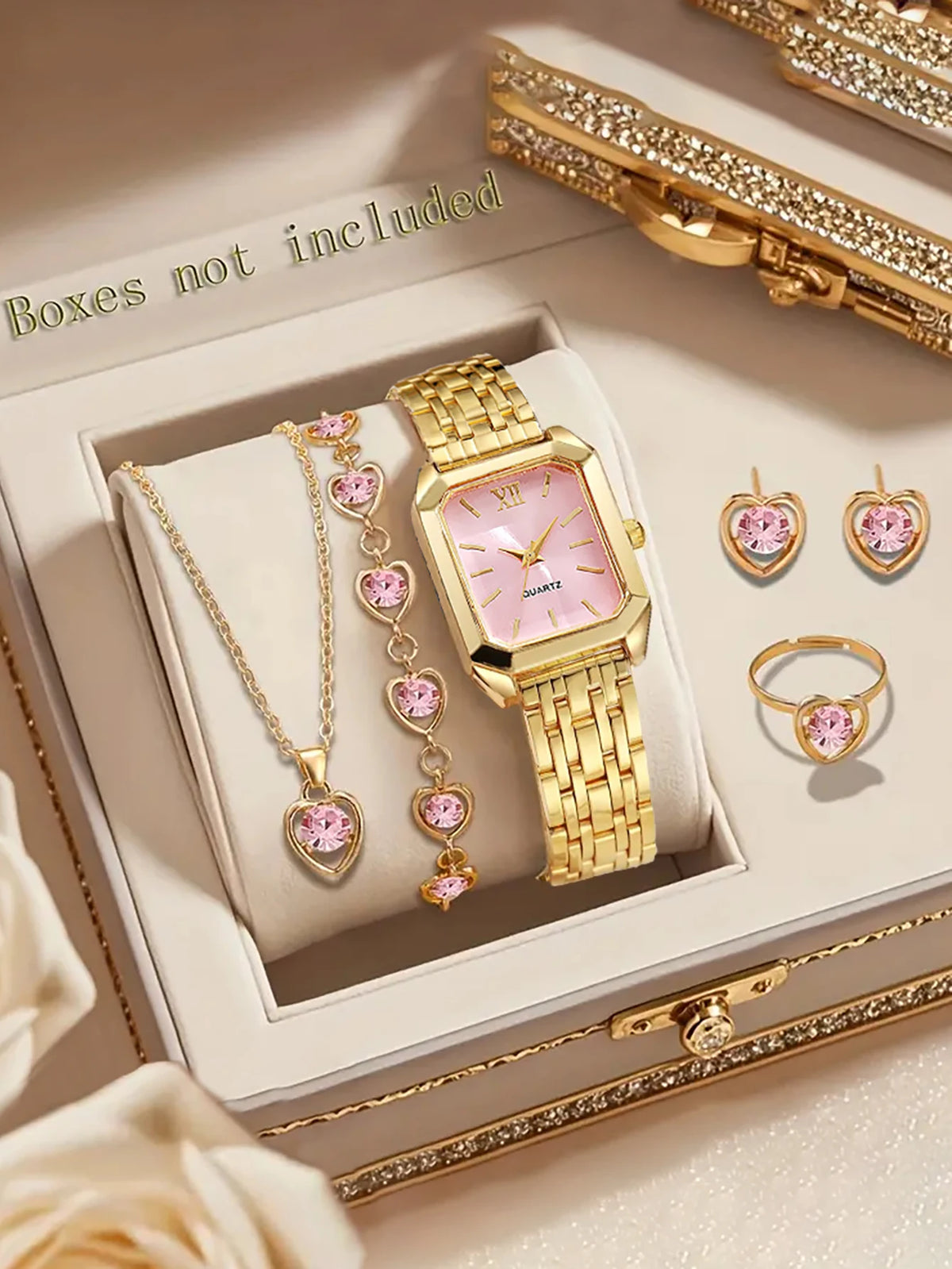 6-Piece Pink-Dial Quartz Watch and Jewelry Set – Two Styles