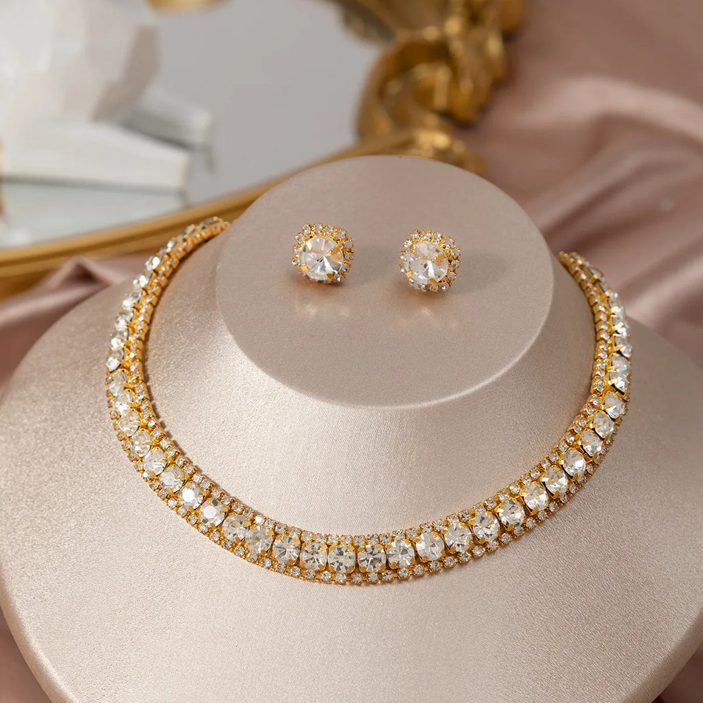 Luxury Crystal Necklace Earrings Set Pink ABcolourful Necklace for Women Weddings Party Jewelry Sets Accessories