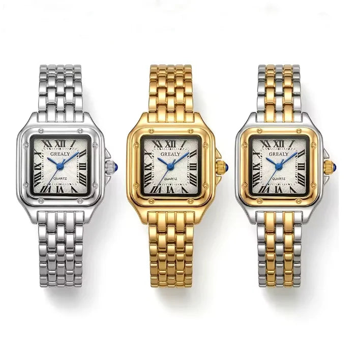 New Fashion Quartz Women Watch Simple Elegant Square Dial Gold Stainless Steel Strap Waterproof Leisure Business Watches Hot