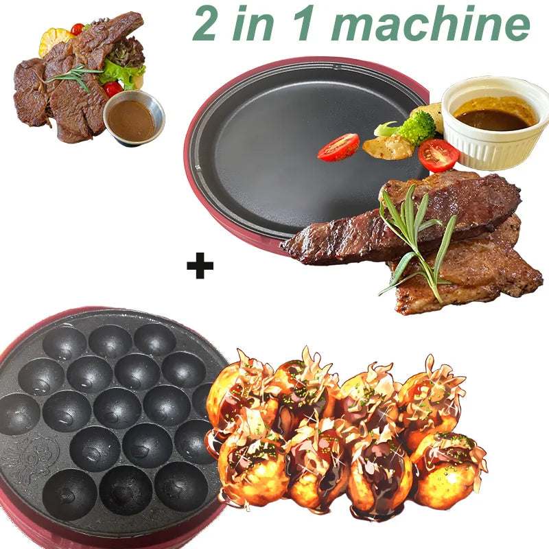 220V 2 in 1 Electric Takoyaki Octopus Ball Baking Machine Steak Maruko Maker Grill Pan Professional Breakfast Cooking Tool