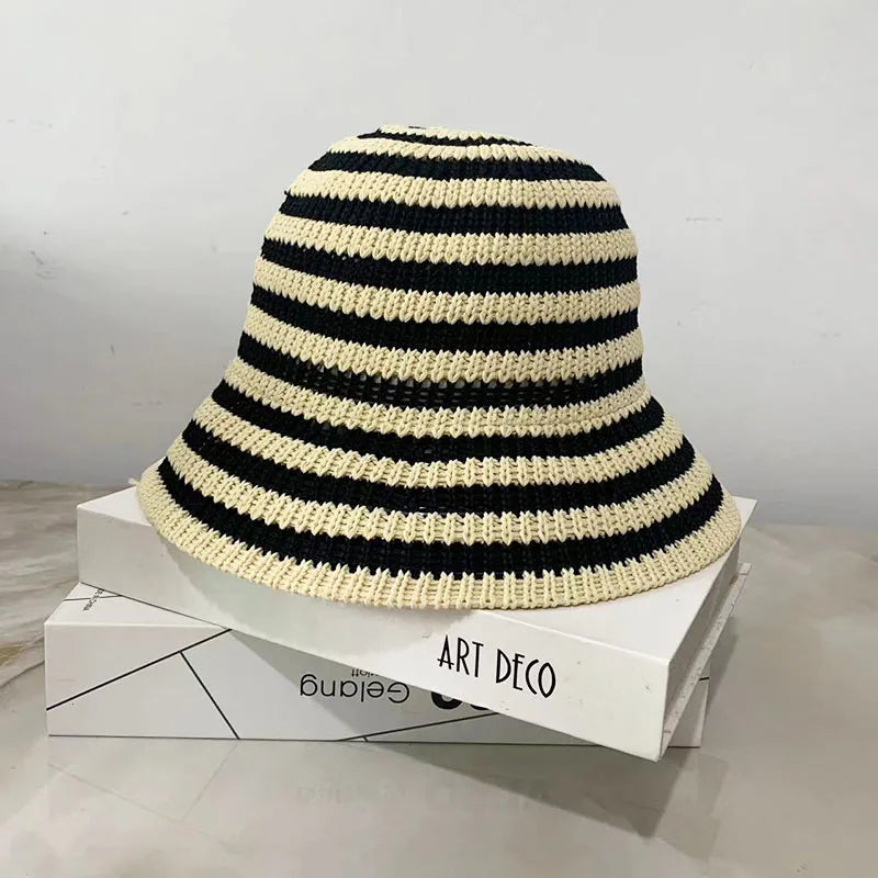 Striped Hollow Women Bucket Hat Spring Summer Outdoor Sunscreen Weave Breathable Fisherman Cap Fahsion Versatile Travel Panama