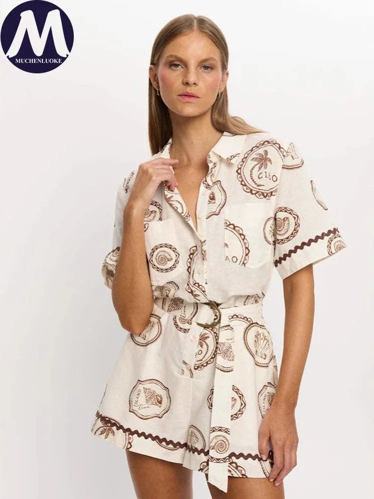 Women's Summer Jumpsuit 2025 Summer New Elegant Print Three Quarter Sleeve Lace Up Jumpsuits Fashionable Casual Loose Jumpsuits