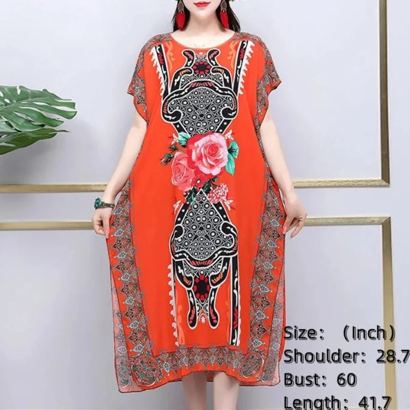 2025 Summer New Casual Elegant Retro Bohemian Style V-neck Elastic Waist Large Swing Printed Long Skirt Autumn Summer Dress