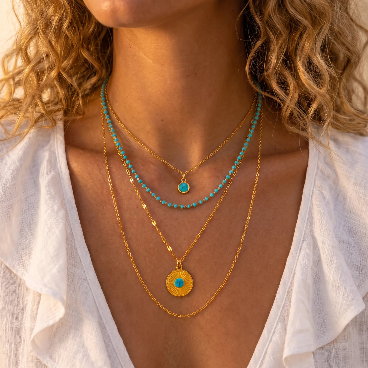 4 PCS Stainless Steel Turquoise Layered Necklace for Women Boho Gold Plated Sun Pendant Party Jewelry Gift for Her Waterproof