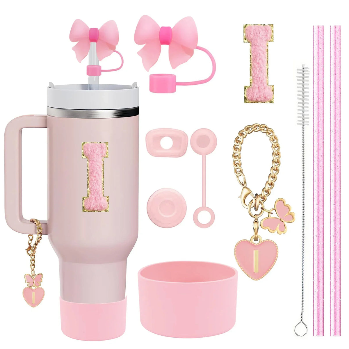 10PCS Accessories Set for Stanley Cup, 2 Straw and Brush and 1 Flower Charm Chain 3 Spill Proof Stopper Flowers Straw Cover Boot