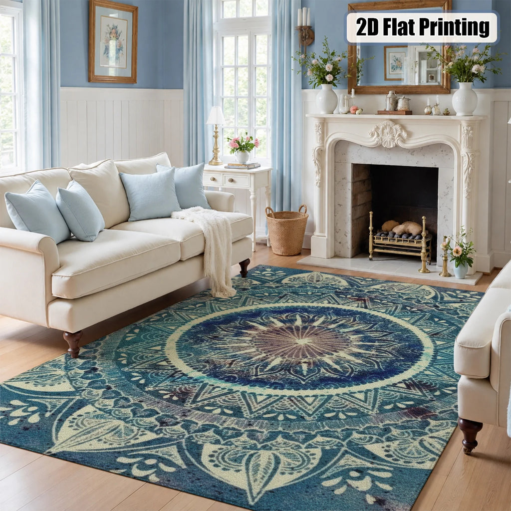 Large Indoor Area Rug, Soft Velvet Low Pile with Non-Slip Dotted Backing, Machine Washable, Blue Boho Mandala Pattern, Great for Living Room, Bedroom, Entryway Home Decor