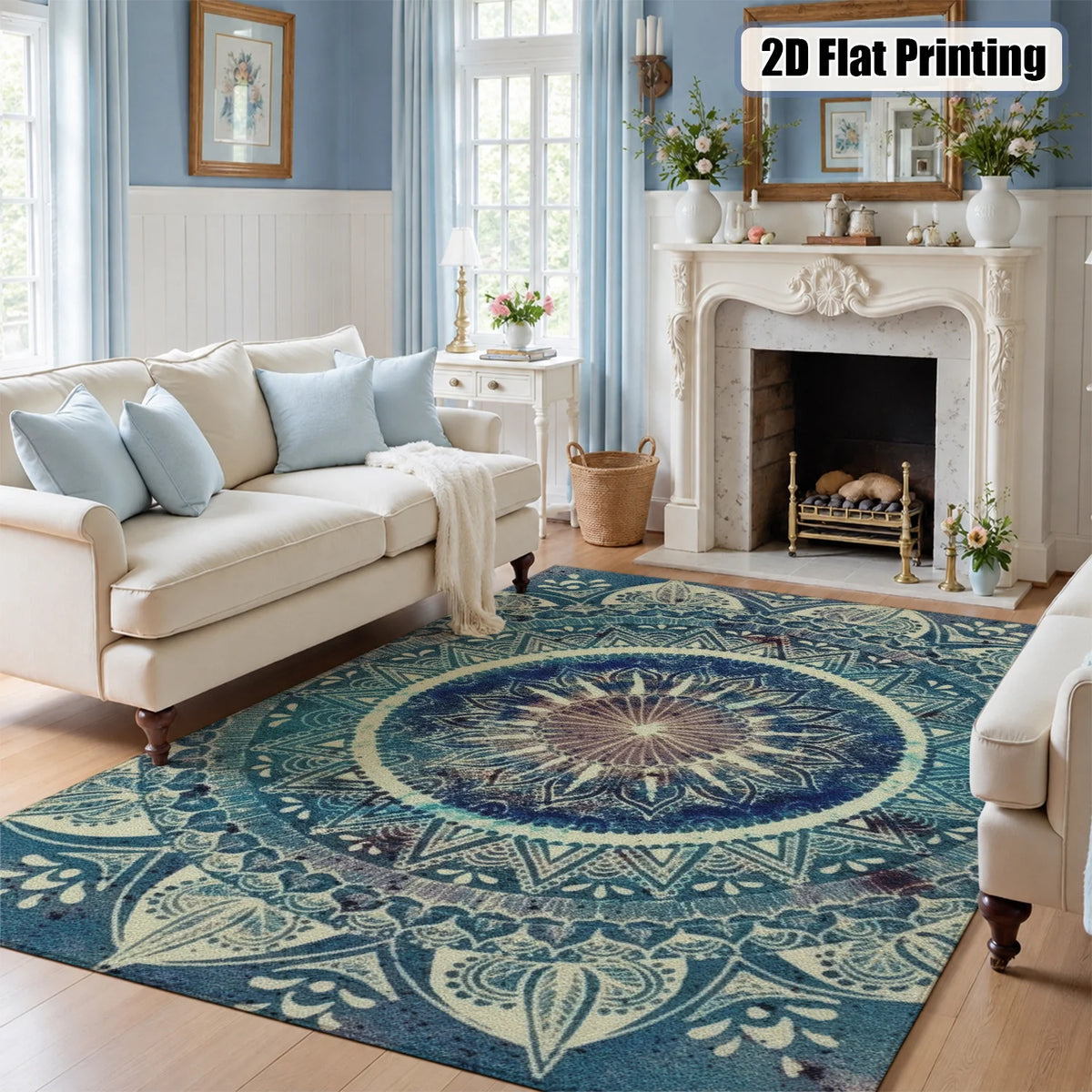 Large Indoor Area Rug, Soft Velvet Low Pile with Non-Slip Dotted Backing, Machine Washable, Blue Boho Mandala Pattern, Great for Living Room, Bedroom, Entryway Home Decor