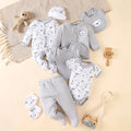8-Piece Baby Romper Set | 100% Cotton | Cute Grey Bear Print | For 0-9M Infants
