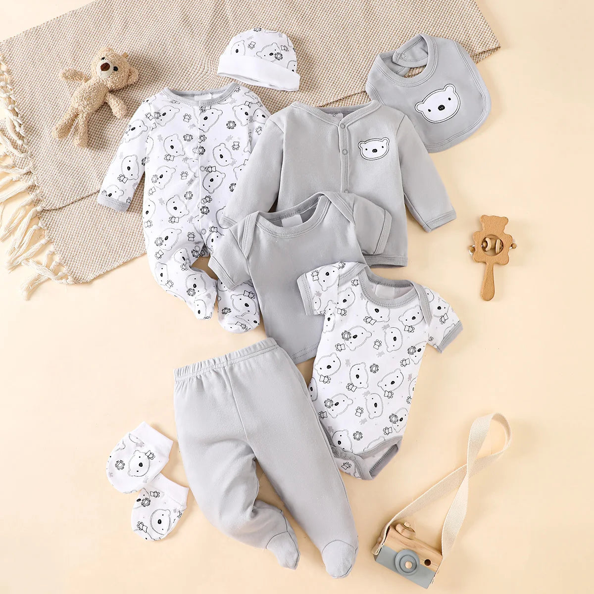 8-Piece Baby Romper Set | 100% Cotton | Cute Grey Bear Print | For 0-9M Infants