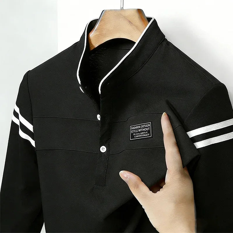 Men's Casual Slim Fit Polo Shirt Long Sleeve Stand Collar Contrast Striped Cotton Blend Tops for Daily & Business Wear