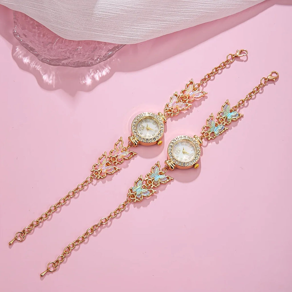 4PCS Elegant Rhinestone Women Watch Butterfly Jewelry Set Fashion Ladies Quartz Wristwatches Necklace Earrings Gift（Without Box）