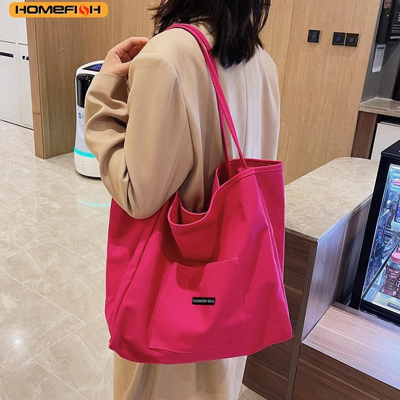 HOMEFISH Canvas Bag High Quality Reusable Shopping Shoulder Bag Women Simple Casual Daily Use Handbag Totes Female Portable