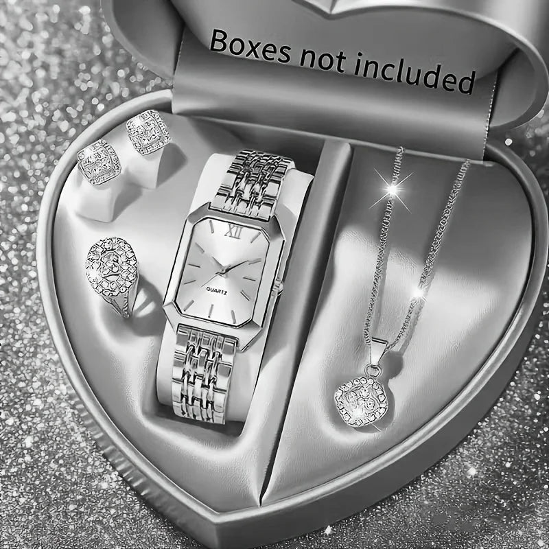 5PCS/Set Elegant Rectangle Women Watches Fashion Roma Dial Ladies Quartz Wristwatch Rhinestone Jewelry Set（Without Box）