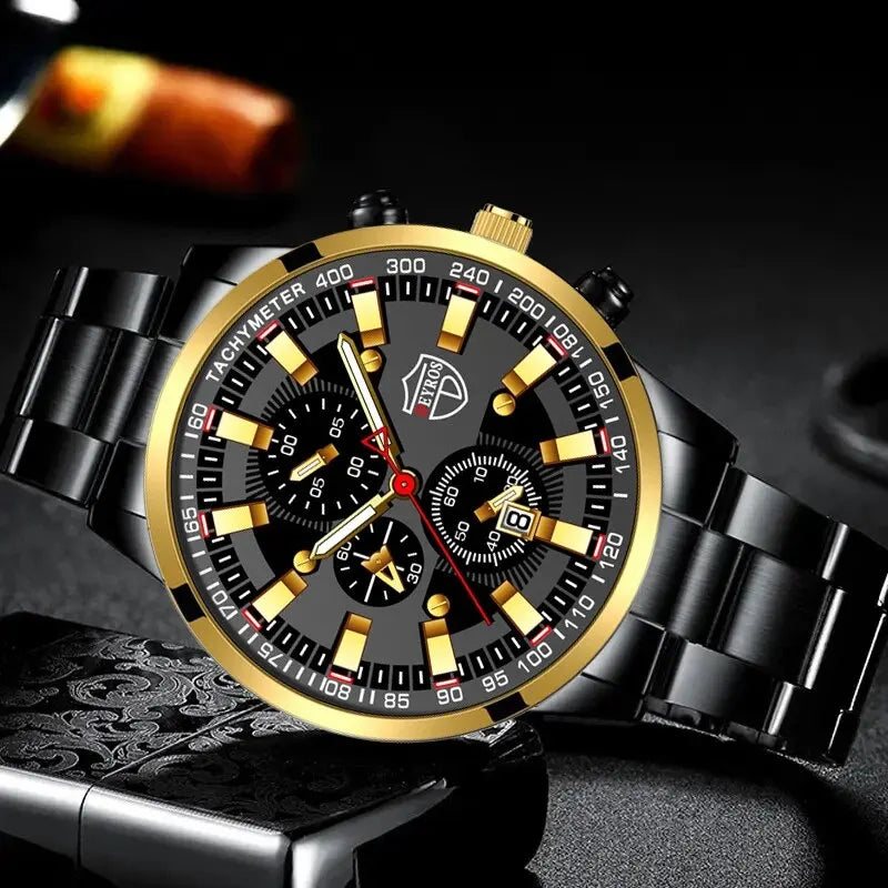 Luxury Men's Casual Fashion Business Golden Needle Digital Steel Band Quartz Watch Calendar Designed For Successful Men Classic
