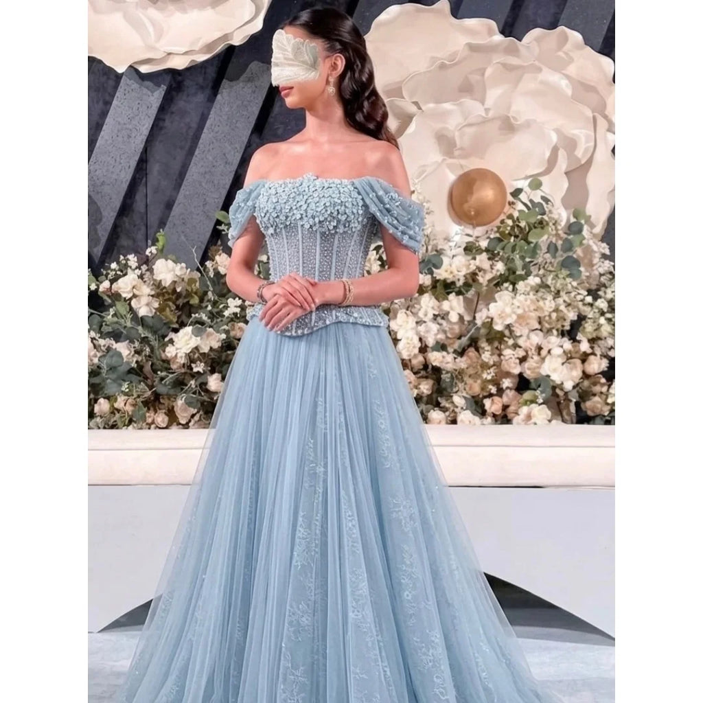 Bella Customized Lace Embroidery Floor-Length Prom Dress 3D Flower vestidos de noche Short Sleeve Crystal Evening Dresses 2026