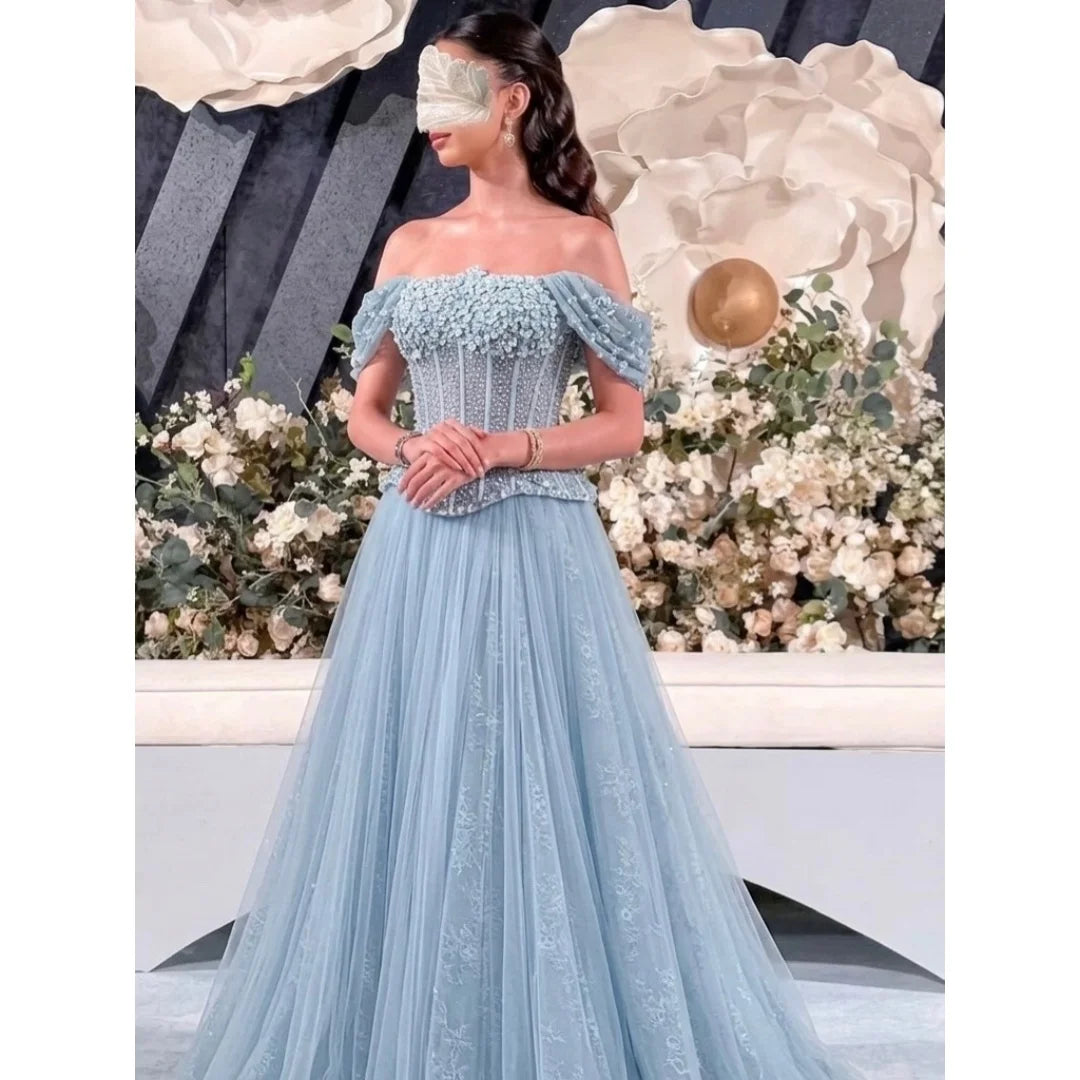 Bella Customized Lace Embroidery Floor-Length Prom Dress 3D Flower vestidos de noche Short Sleeve Crystal Evening Dresses 2026