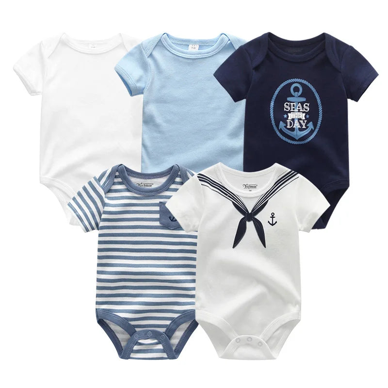 Newborn Bodysuits Unisex 5Pieces Baby Girl Clothes Solid Color Cotton Baby Boy Clothes Set Cartoon Print Summer Bebes