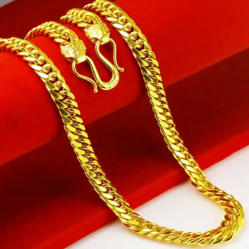 Luxurious 999 24K genuine gold men's flat chain Boss necklace, simple and elegant, men's boss gold jewelry necklace