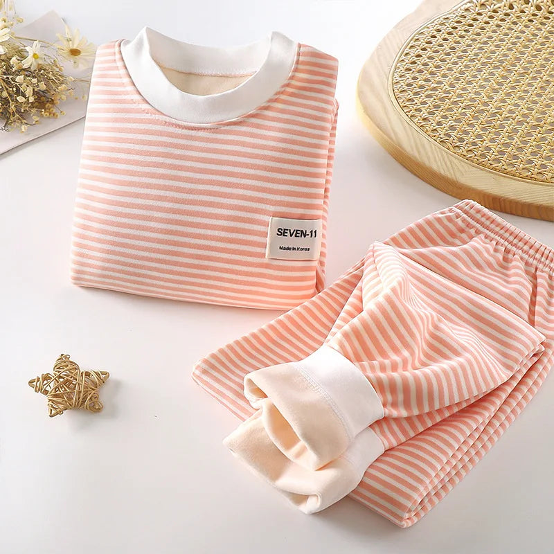 Children's Suit Clothing Autumn Winter Warm Clothes Kids Girls' Long Sleeved Top with Plush Bottom Baby Boys' Top+ Pants Set