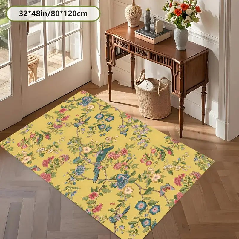 Yellow Floral Bird Area Rug – Six Sizes