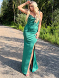 Romagic Red Wedding Party Dress Sleeveless Spaghetti Strap V Neck Green Split Pleated Blackless Long Mermaid Evening Prom Gown