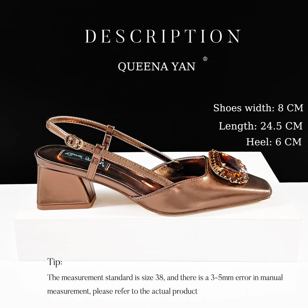 Queena Yan Elegant Comfortable Mid-Heeled Shoes Sparkling Diamonds Pointed-Toe Design Ladies High Heels