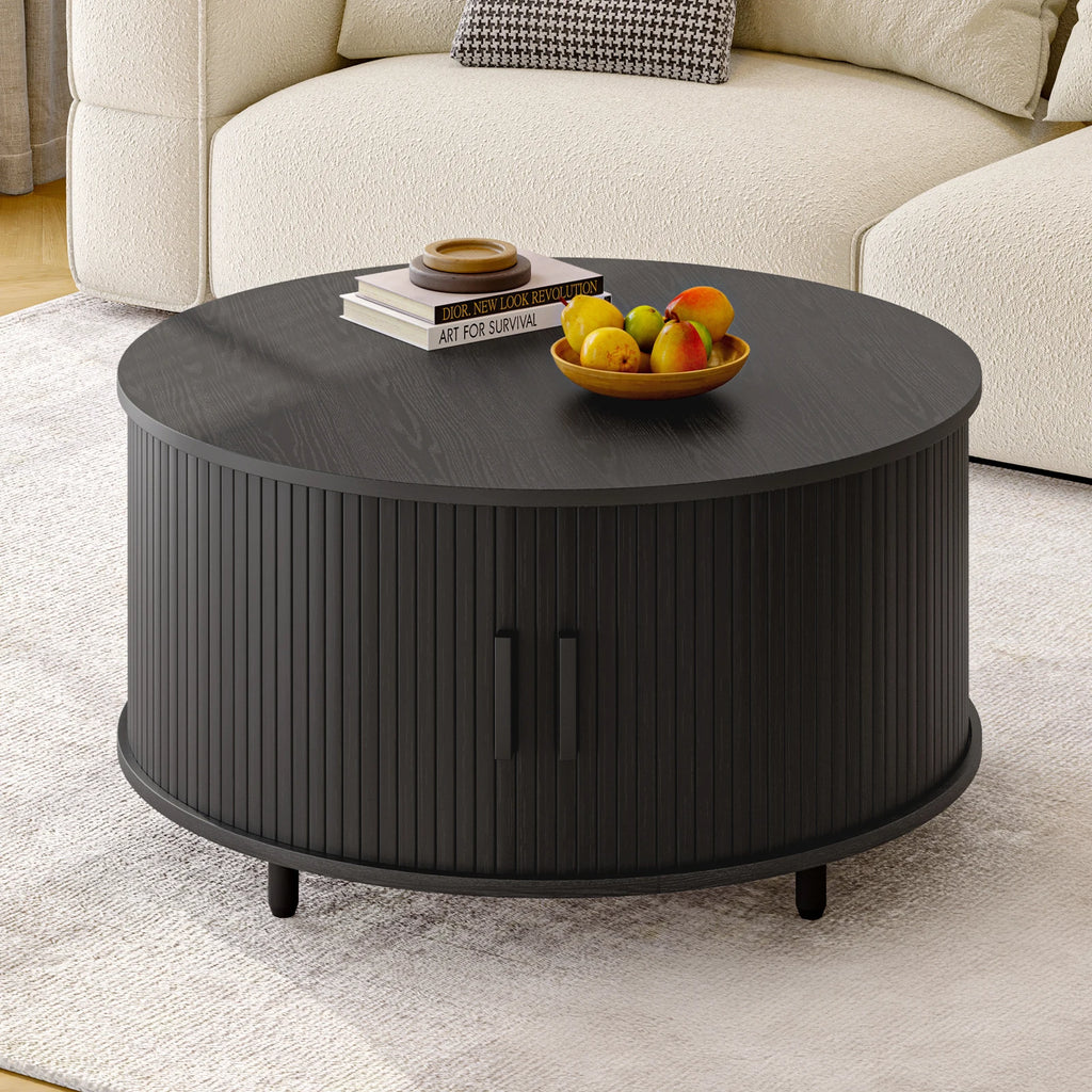 Round Coffee Table with Storage, 31.5 In Drum Coffee Table with 360° Curved Sliding Door, ModernFluted Wood Accent Coffee Tablee